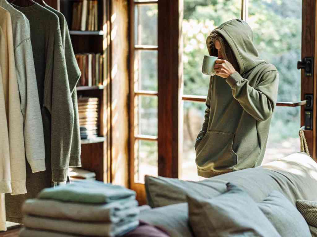 Person in olive hoodie drinking coffee in cozy home