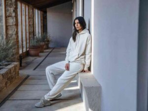 Woman in cream hoodie set leaning in minimalist hallway