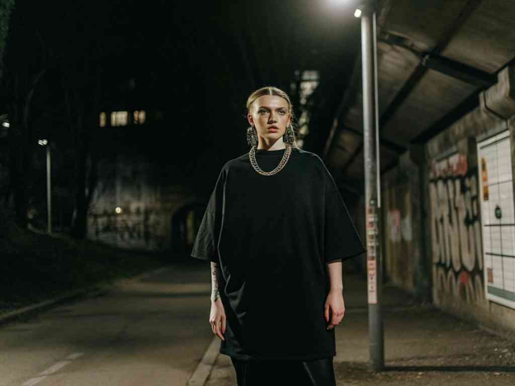 Woman in oversized black outfit standing under streetlight.