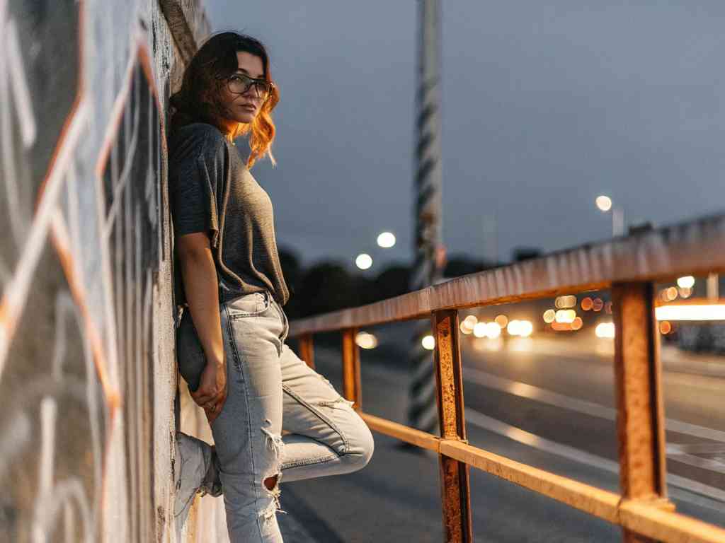 Woman in ripped jeans leaning on graffiti wall at night