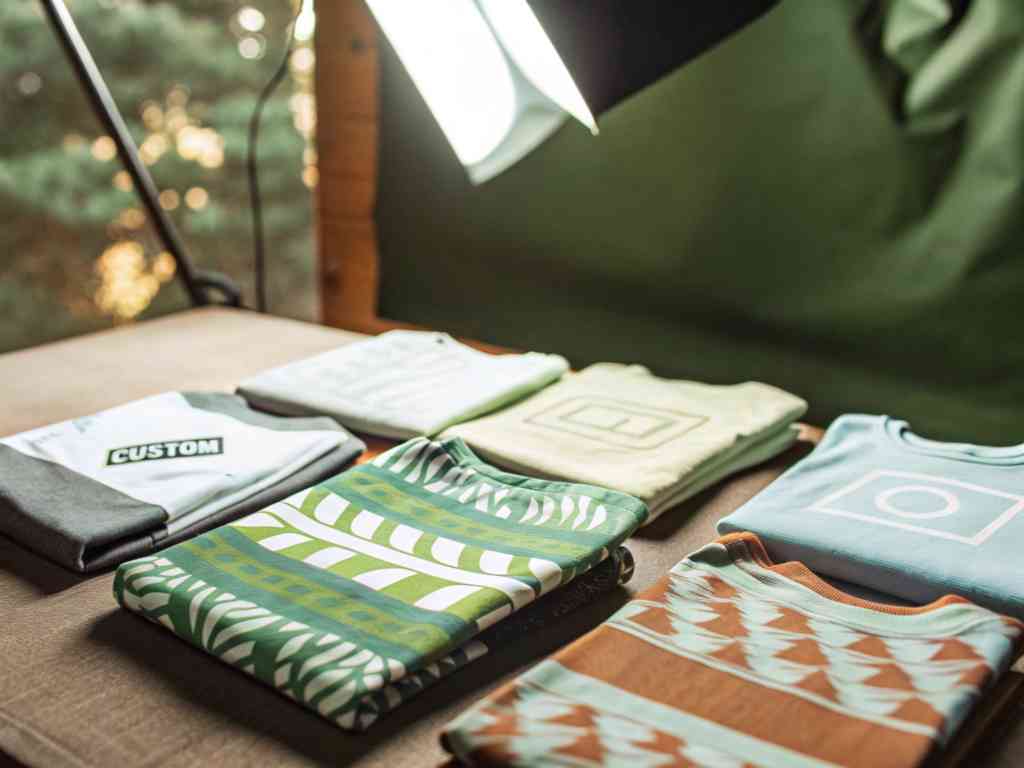 Folded custom graphic t-shirts under studio lighting