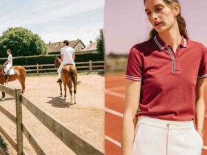 Equestrian riders and woman in polo shirt fashion split scene.