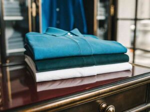 Neatly folded stack of teal, green, and white polo shirts