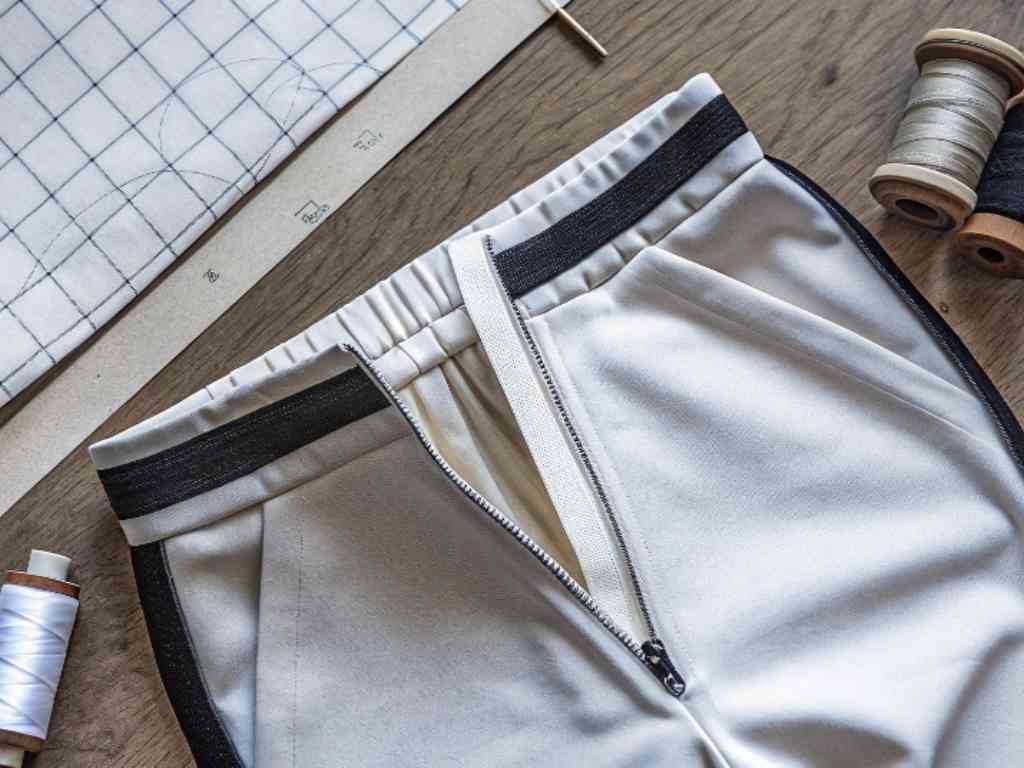 Cream joggers with black piping and zipper fly on a pattern-making desk