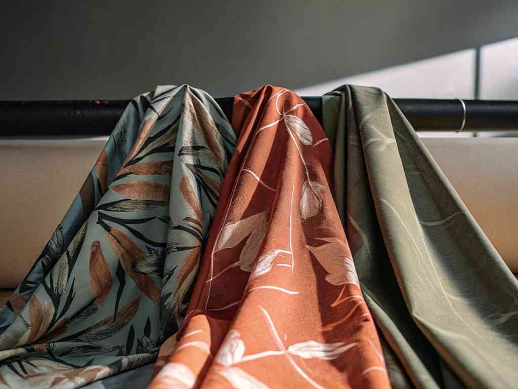 Three draped fabrics with botanical and earthy prints.