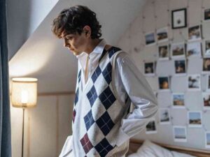 Young man in argyle sweater vest looking out window