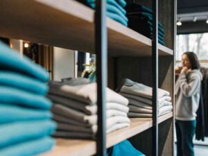 Folded hoodies on shelf in boutique store with customer browsing