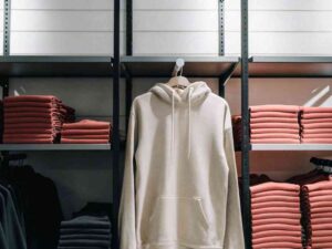 Cream hoodie hanging in front of neatly stacked red and black sweatshirts.