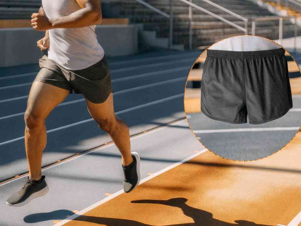Runner wearing lightweight dotted black shorts sprinting on a colorful track with an inset showing the shorts' rear view.