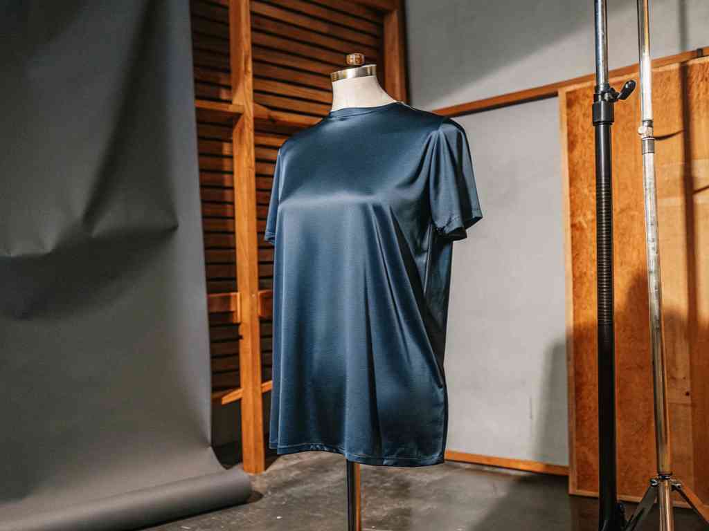 Navy blue satin t-shirt displayed on mannequin in studio setting.