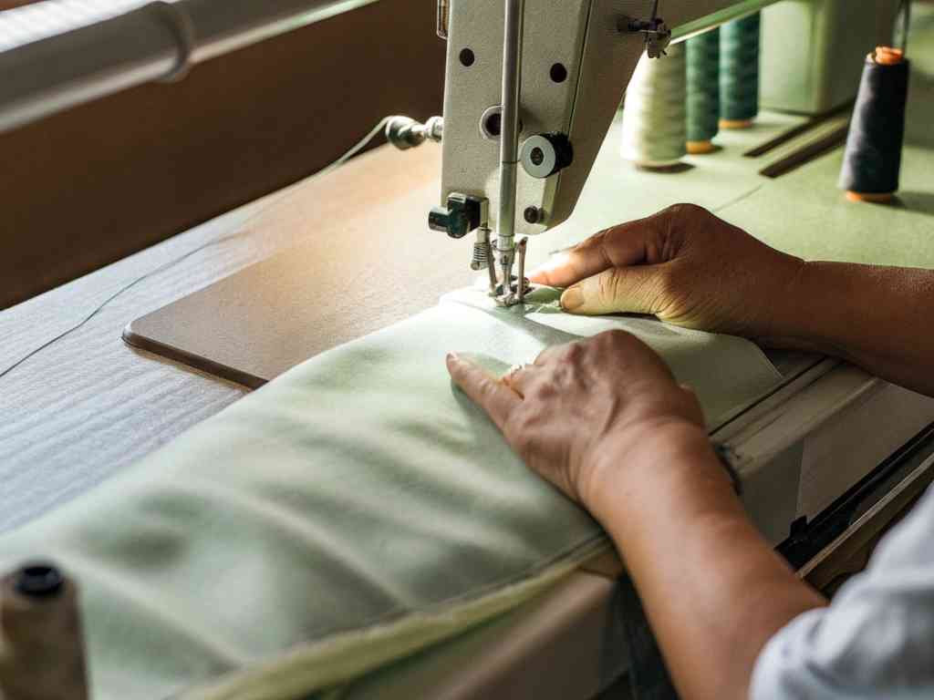 Person sewing green fabric on industrial sewing machine