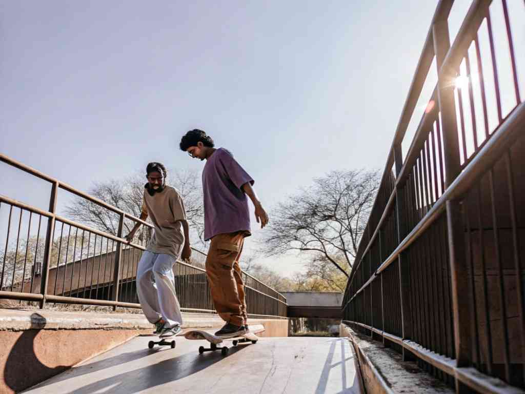 Two men skateboarding on ramp in casual streetwear