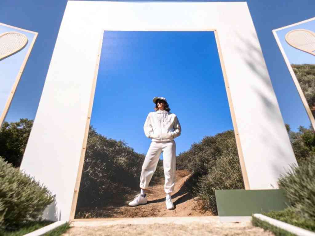 Woman in white tracksuit standing inside a framed outdoor scene