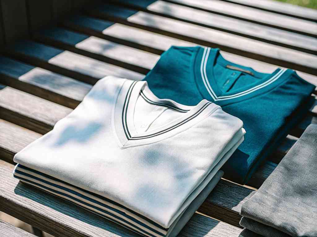 White and teal V-neck shirts with striped collars folded on bench.