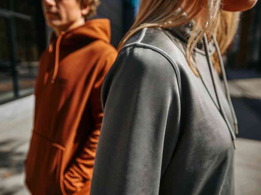 Close-up of branded hoodies worn by man and woman