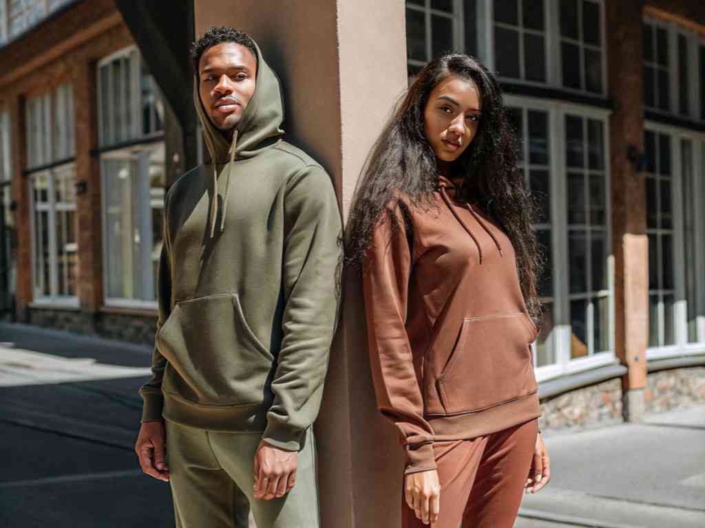 Man and woman in olive and brown hoodies leaning on wall