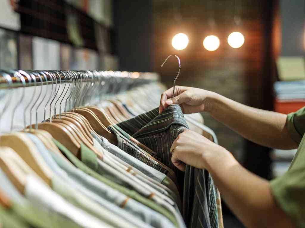 Hand picking striped shirt from rack under lights