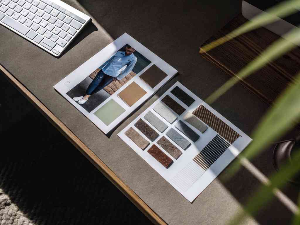 Fashion mood board with fabric swatches and model photo