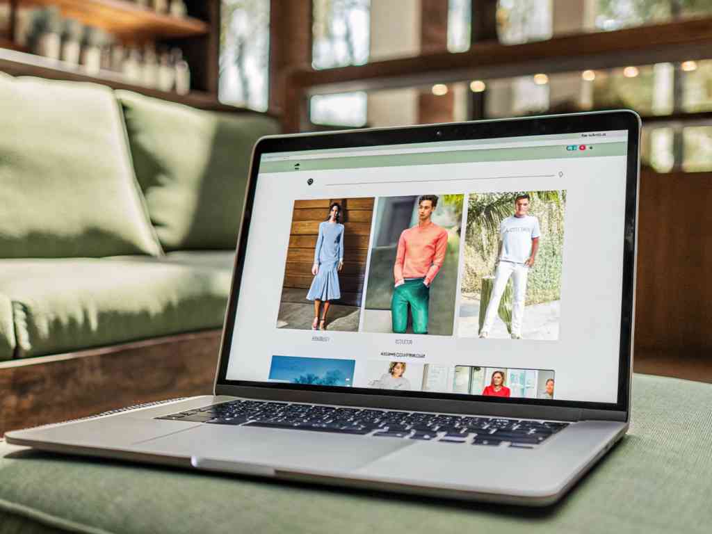 Laptop featuring stylish online store with trendy apparel selections displayed.