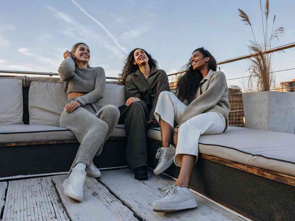 Women in cozy outfits enjoying rooftop sunset.