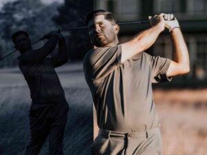 Split image of golfer swinging in light and shadow