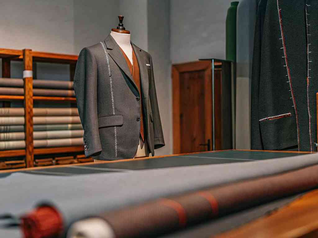 Tailored dark suit on mannequin in a fabric studio with wool rolls.