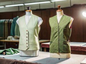 Two green tailored vests on mannequins in workshop