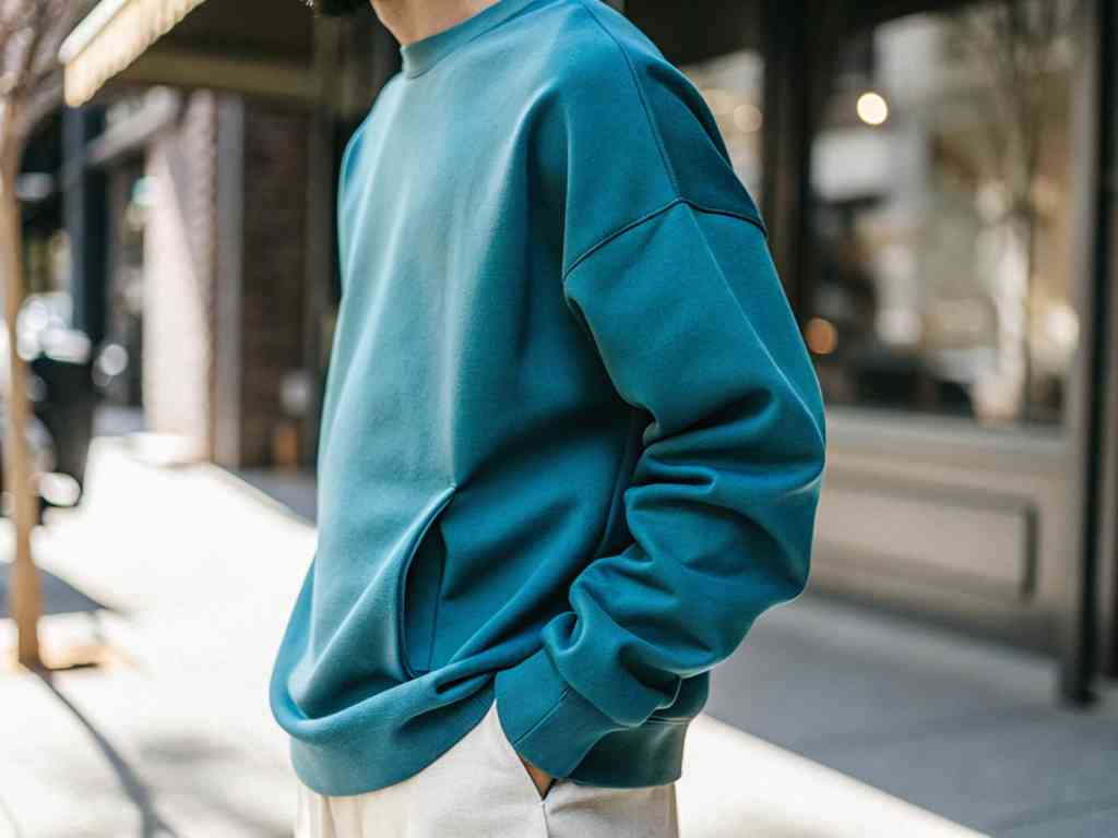 Man in teal sweatshirt with side pocket