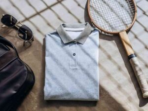 Folded polo shirt with sunglasses and tennis racket