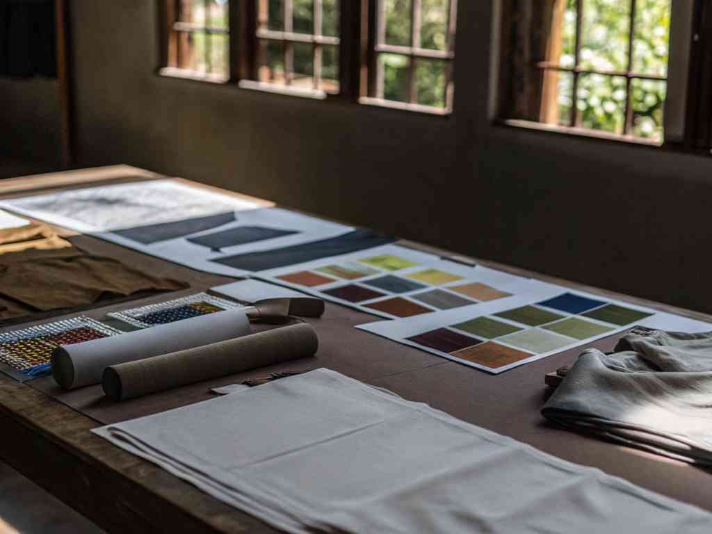 Fabric rolls and color charts in a textile studio