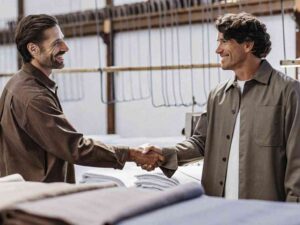Smiling men shaking hands in textile factory