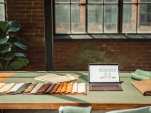 Fabric samples and laptop on designer’s workspace
