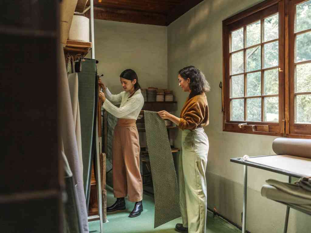 Women choosing patterned fabric in textile studio
