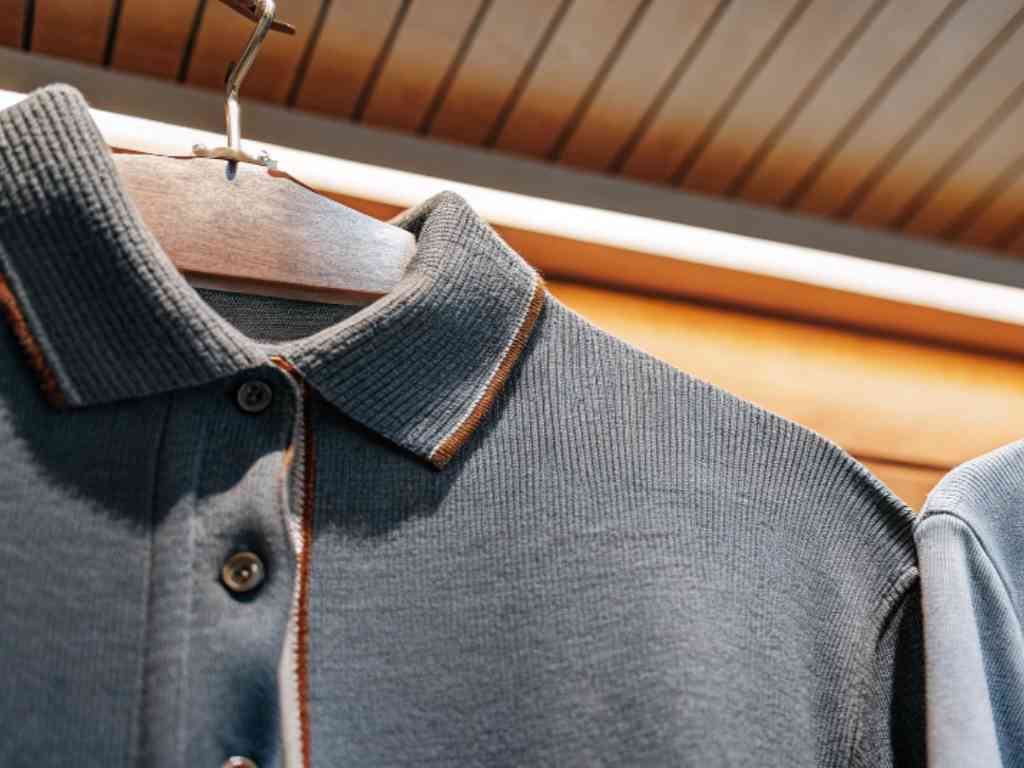 Close-up of textured polo shirt with contrast trim collar