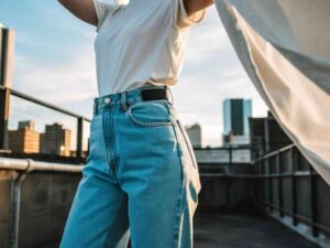 Woman in white tee and high-waist jeans on rooftop