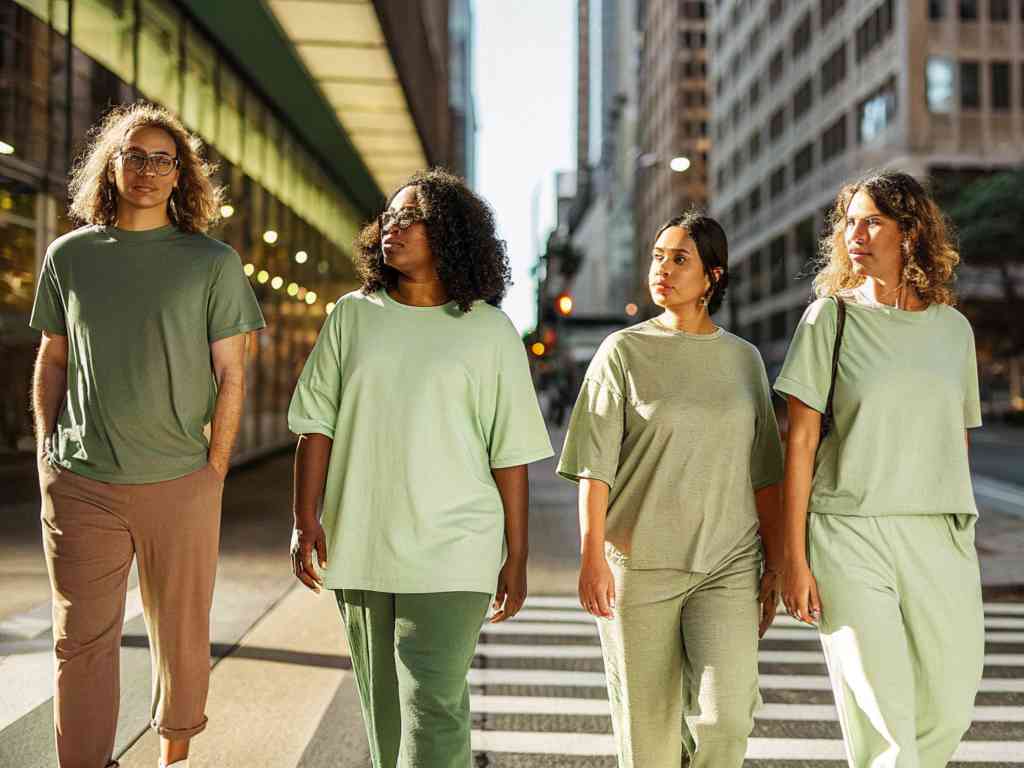 Four people in green-toned casual outfits walking across a city street.