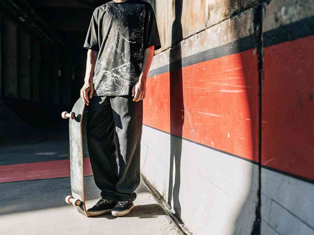 Skater in black graphic tee standing by red wall