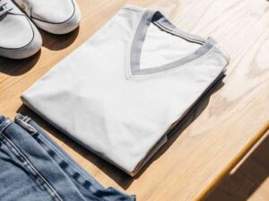 Folded white V-neck t-shirt with sneakers and jeans.