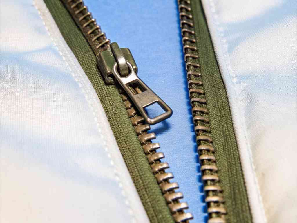 Metallic zipper on green and white fabric with blue background