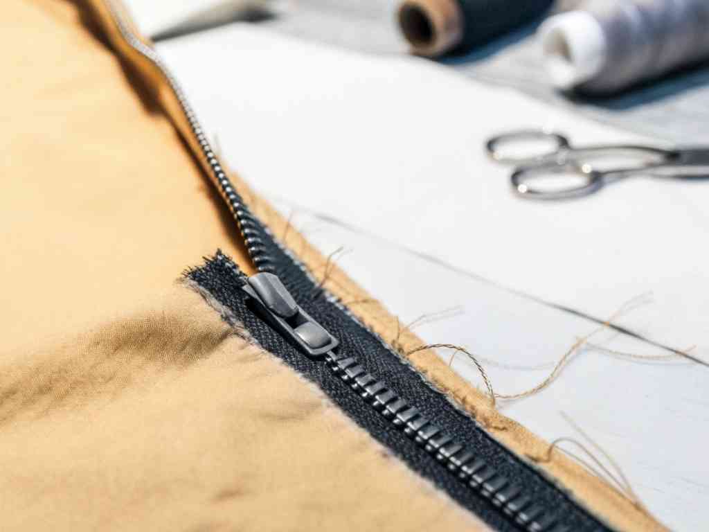 Yellow fabric with black zipper in sewing workspace