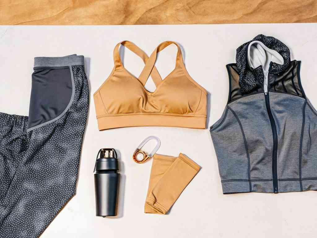 Flat lay of sports bra, leggings, vest, and fitness gear on neutral background