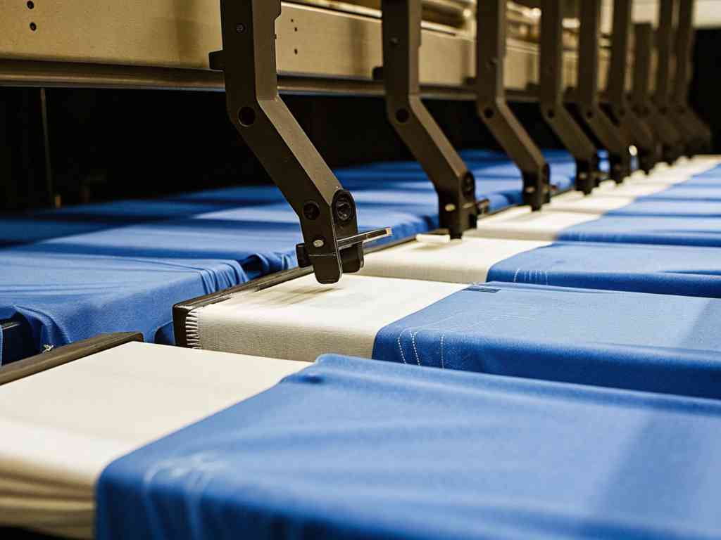 Blue and white t-shirts on an automated production line