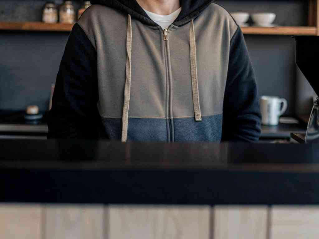 Barista wearing color-blocked zip hoodie behind counter