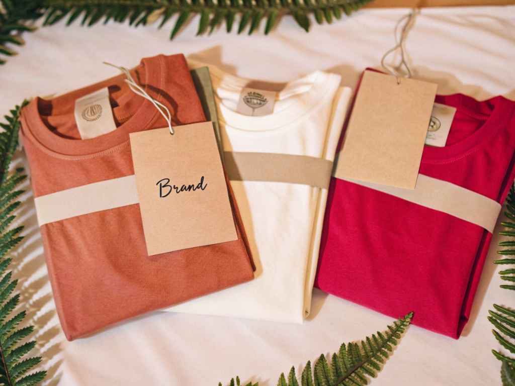 Folded t-shirts with kraft paper tags and green leaves.