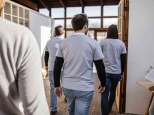 Group walking into office space wearing uniform t-shirts