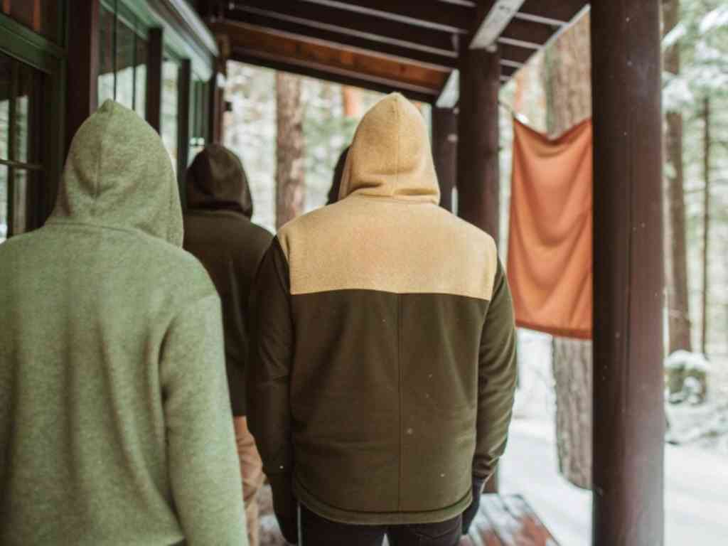 People in fleece hoodies walking on snowy cabin porch