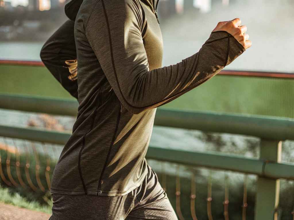 Runner wearing charcoal athletic hoodie during outdoor morning workout.