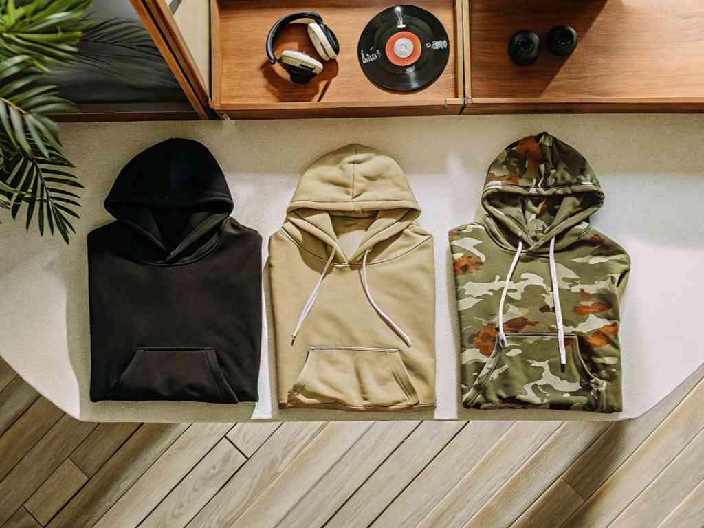 Flat lay of black, beige, and camo hoodies on modern floor