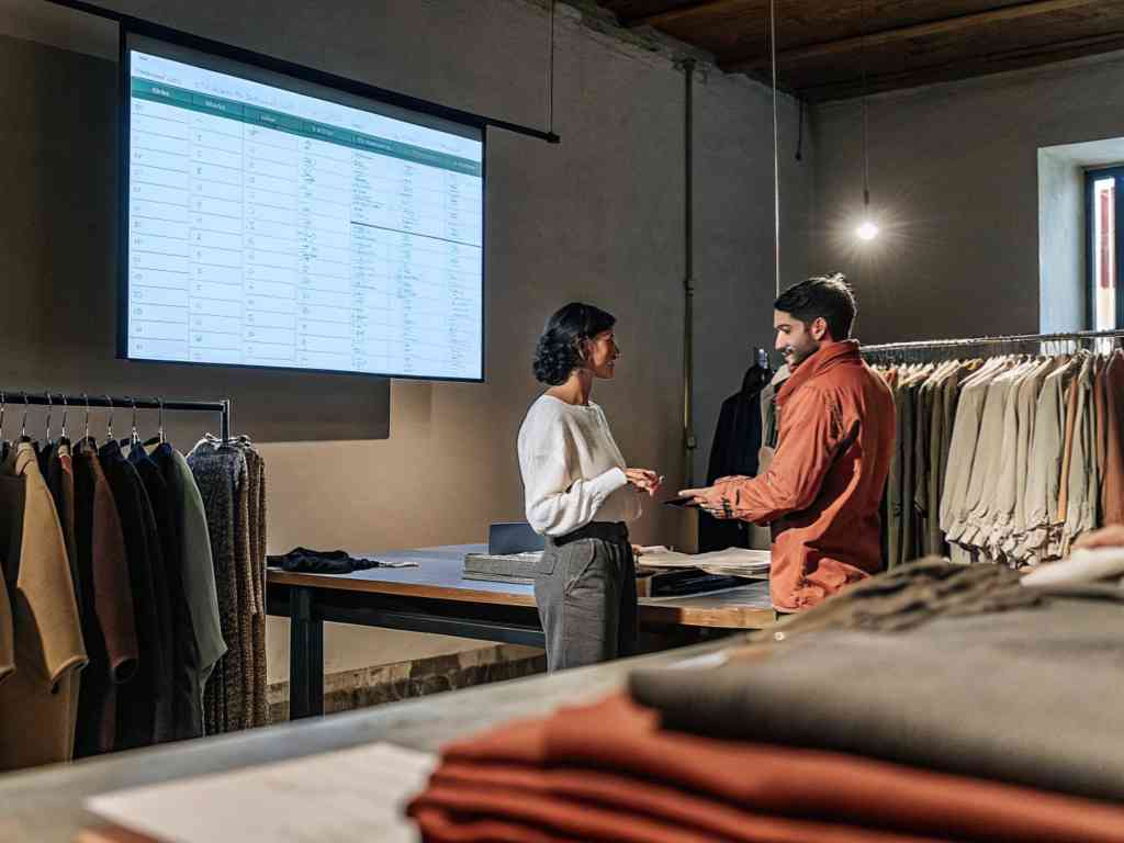 Two people discussing fashion items with a large spreadsheet displayed on the wall in a studio