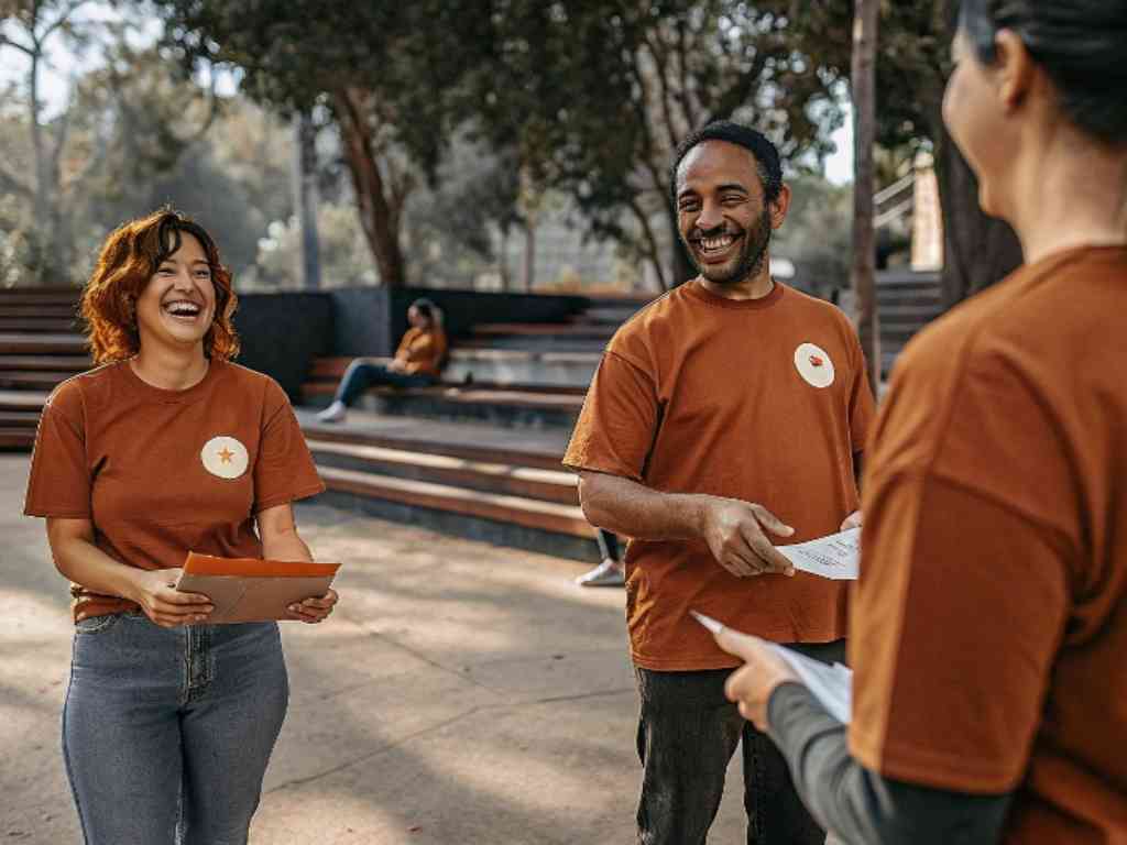 Volunteers wearing brown t-shirts with circular logos handing out flyers